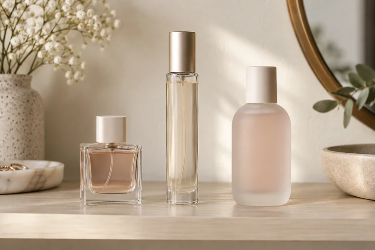 Three unbranded capped fragrance containers in compact, slender, and softly rounded formats on a shelf.