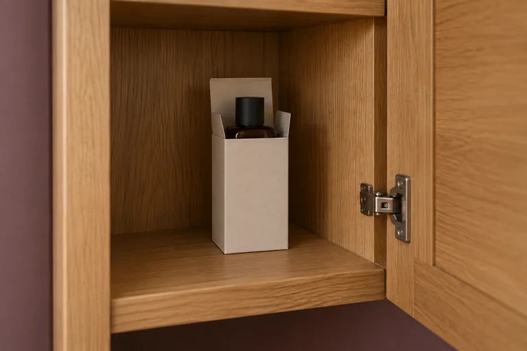 A capped, unbranded perfume bottle in an opaque carton inside a wooden cupboard.