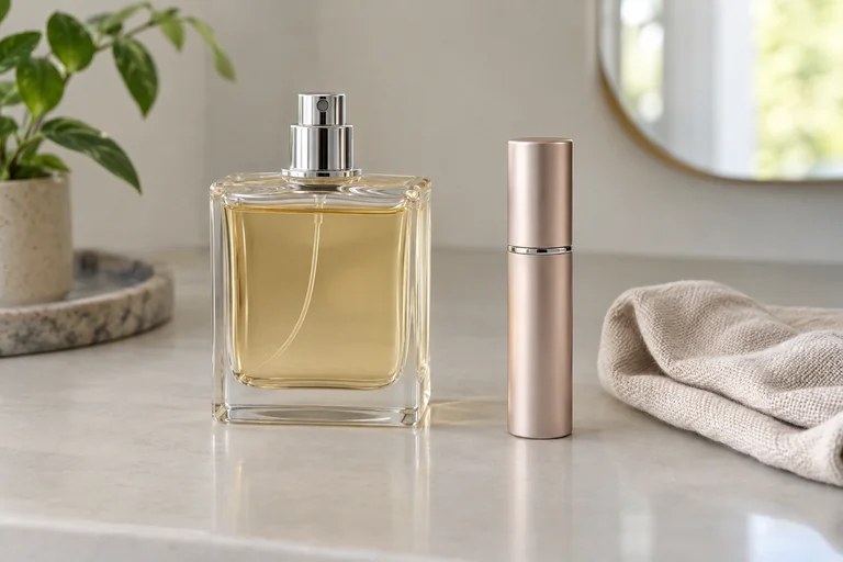 An unbranded perfume bottle beside a closed slim travel atomizer on a countertop.