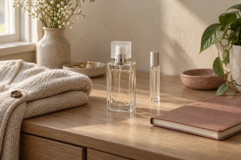 An unbranded perfume bottle and a smaller capped travel atomizer on a dressing table beside a folded cardigan.